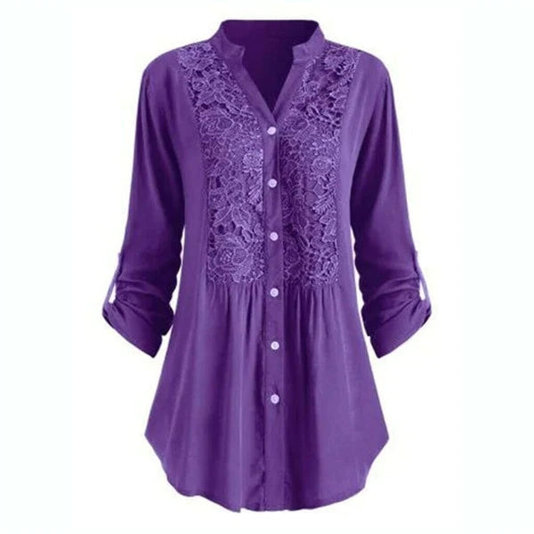 Casual zomerblouse voor dames, model Noelle, met chique pofmouwen en lange, soepele stof.