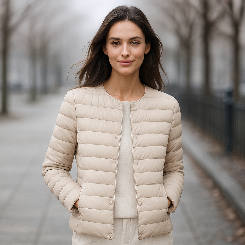 Model draagt een lichtgewicht gewatteerd damesjack, ideaal voor een casual, modieuze herfstlook.