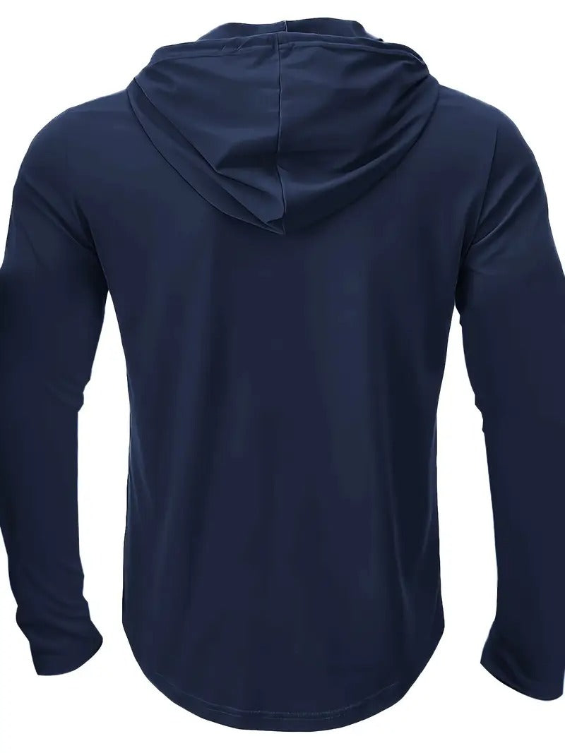 "Lichtgewicht heren hoodie voorkant met drie-knopen sluiting, ademende gebreide stof, ideaal voor casual en sportieve activit