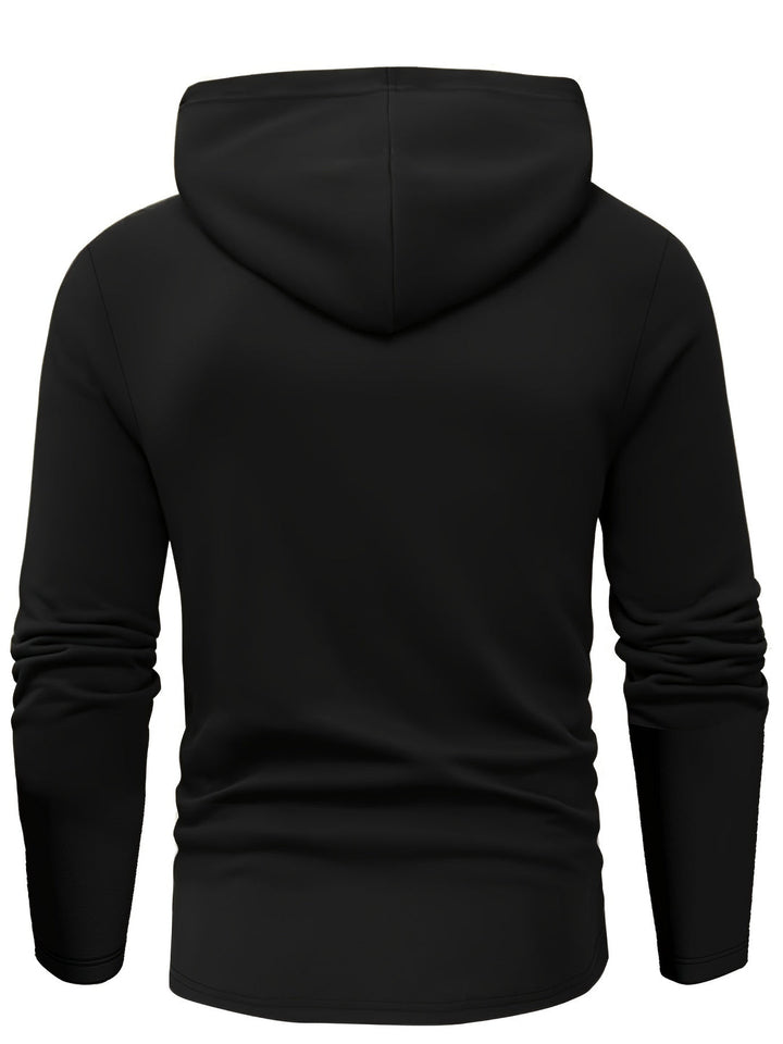 "Lichtgewicht heren hoodie voorkant met drie-knopen sluiting, ademende gebreide stof, ideaal voor casual en sportieve activit