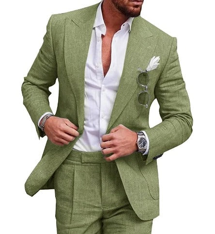 "Lichtgewicht linnen blazer en broek set voor heren, 2-delig, slim fit, ideaal voor bruiloften en formele events."