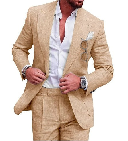 Gedetailleerd zicht van de heren blazer en broek set in groen, 2-delig, slim fit, ideaal voor bruiloften en formele evenementen.