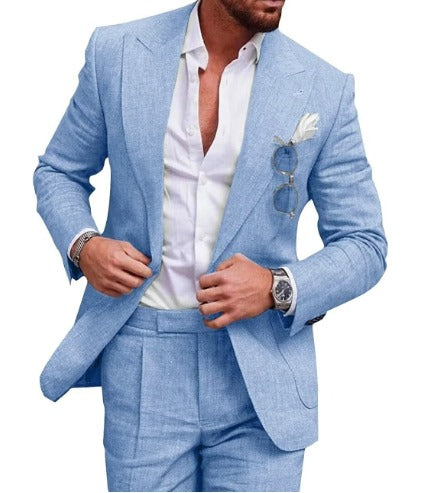 Model draagt heren blazer en broek set in groen, 2-delig, slim fit, ideaal voor bruiloften en formele evenementen.