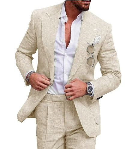 Achterkant van de heren blazer en broek set in groen, 2-delig, slim fit, ideaal voor bruiloften en formele evenementen.