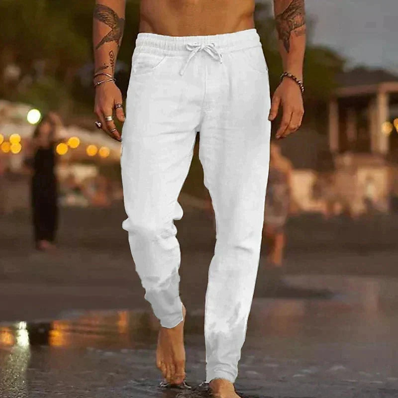 Heren linnen zomerbroek met relaxte pasvorm, perfect voor strand, vakantie of casual zomeravonden. Comfortabel.