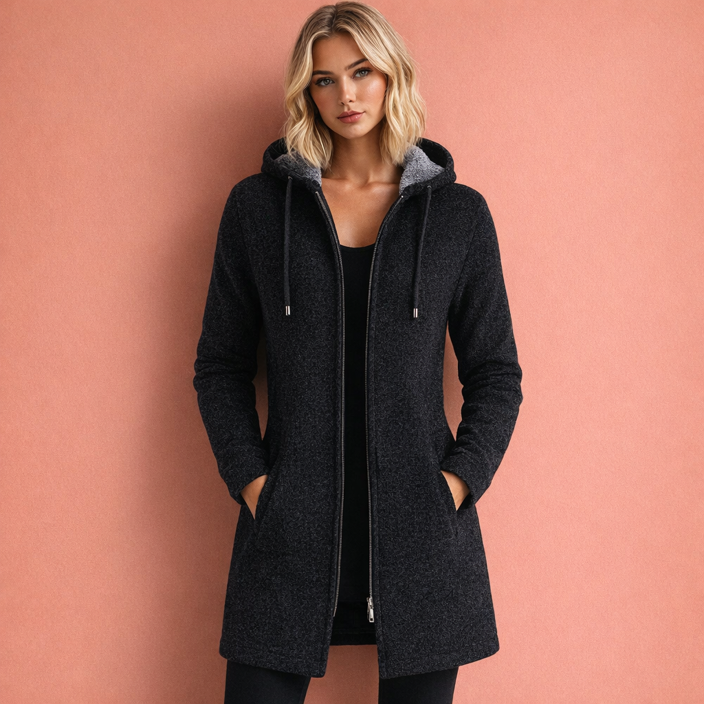 Blauw damesvest met capuchon. Modieus, warm en ontspannen casual kleding voor elke dag.