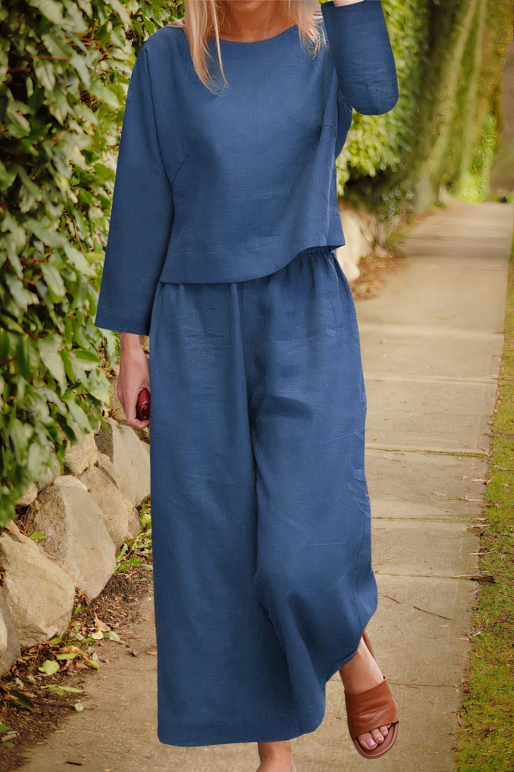 Linnen blouse en broek set - luchtige stof, elegante stijl, diverse kleuren, comfortabele pasvorm, damesmode.
