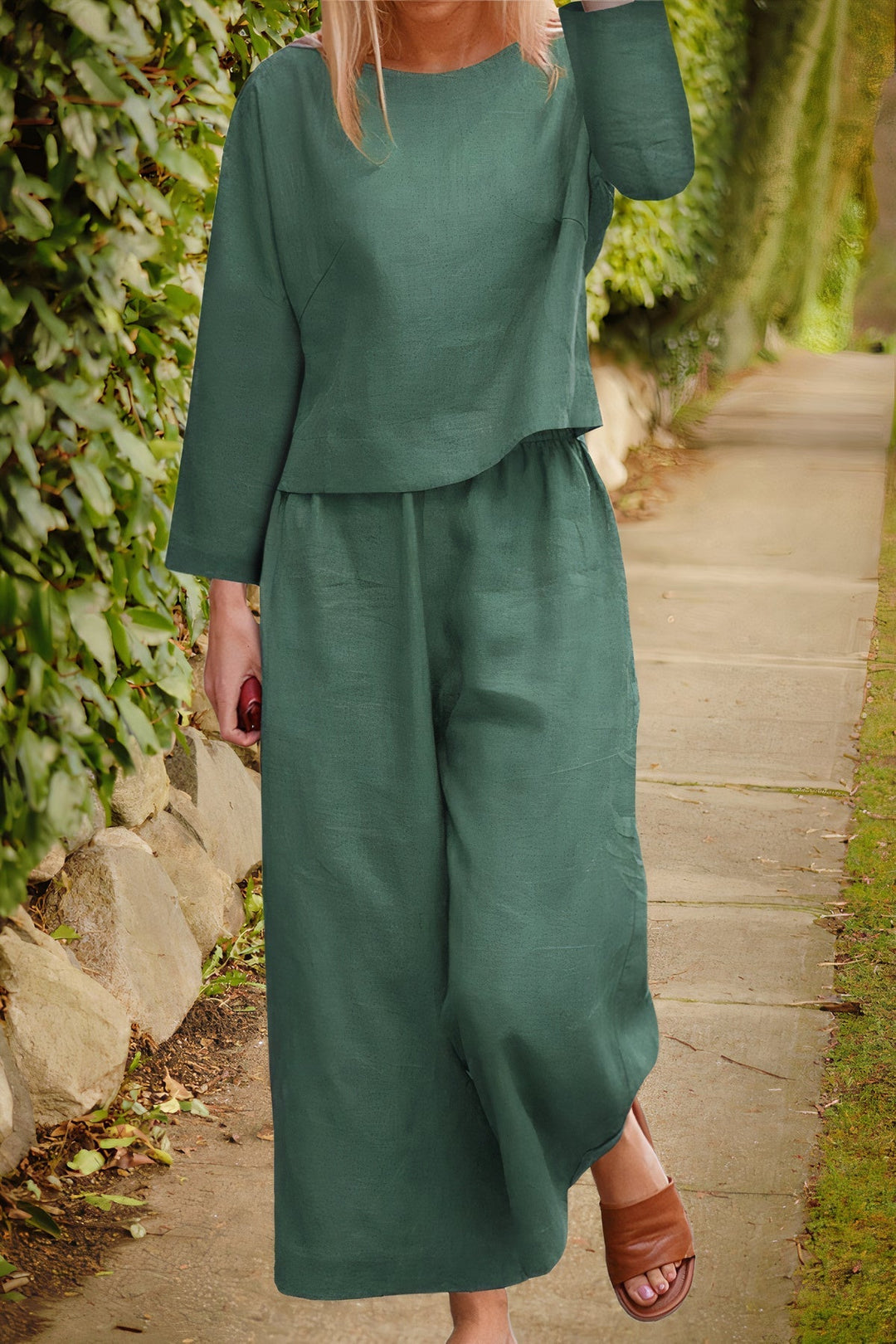 Linnen blouse en broek set - luchtige stof, elegante stijl, diverse kleuren, comfortabele pasvorm, damesmode.