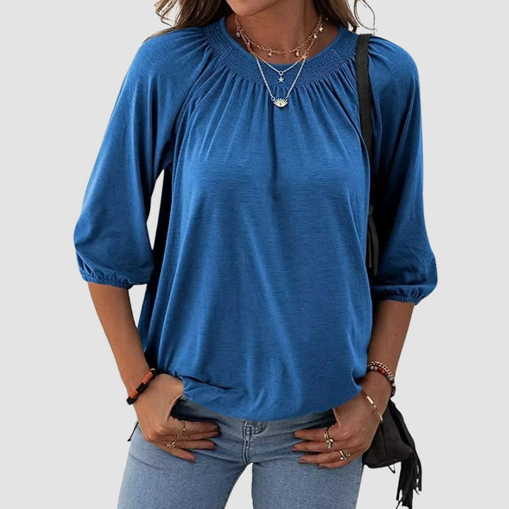 Loose-fit dames top met halve mouwen, ronde hals en stijlvolle patchwork details, ademend polyester, in diverse kleuren.