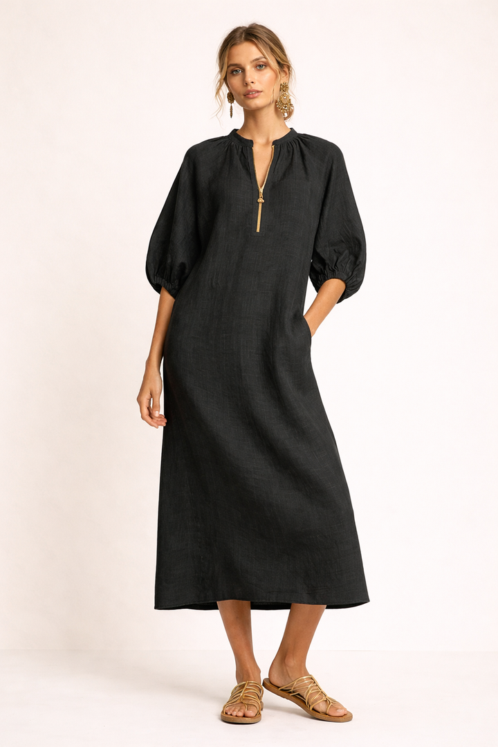 Stijlvolle casual damesjurk, lang model met korte mouwen, perfect voor een zomerse relaxte look.