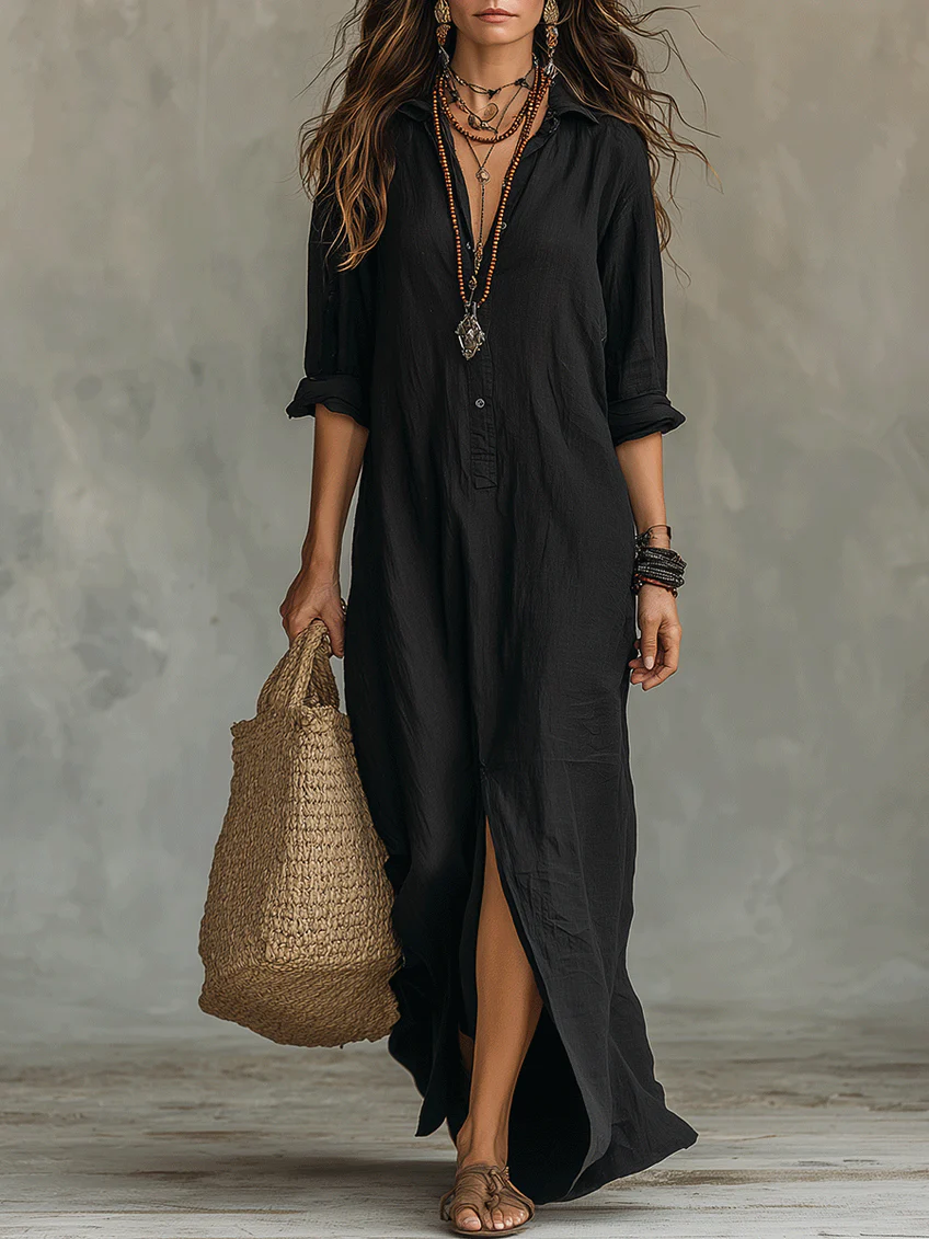 Elegante bohemian maxi jurk met overhemdkraag en knoopsluiting voor dames. Ideaal als casual zomerjurk.
