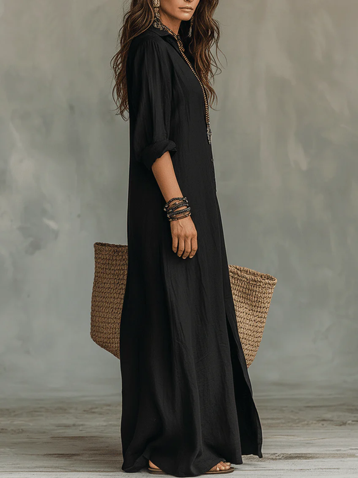 Comfortabele losvallende maxi jurk voor dames, met lange mouwen en zijsplit. Ideale casual zomerjurk.