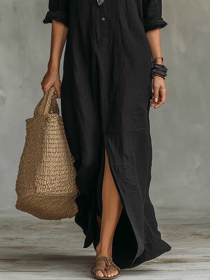 Veelzijdige dames maxi jurk met lange mouwen en knoopsluiting. Perfect voor casual én elegante zomerlooks.