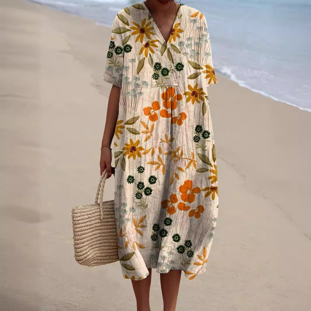 Lotte dames zomerjurk met bloemenprint en V-hals, een elegante en comfortabele jurk voor de zomer.