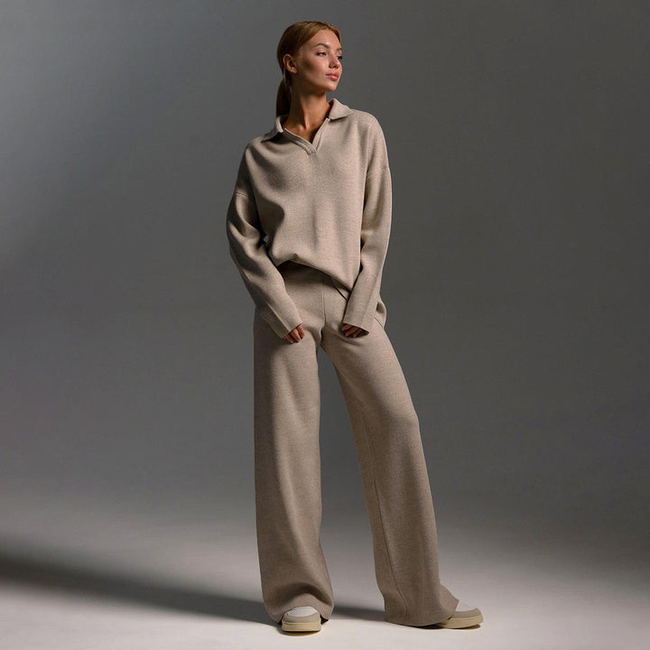 Lounge set voor dames met oversized polosweater en brede broek, zachte ademende stof, ideaal voor stijlvol comfort thuis.