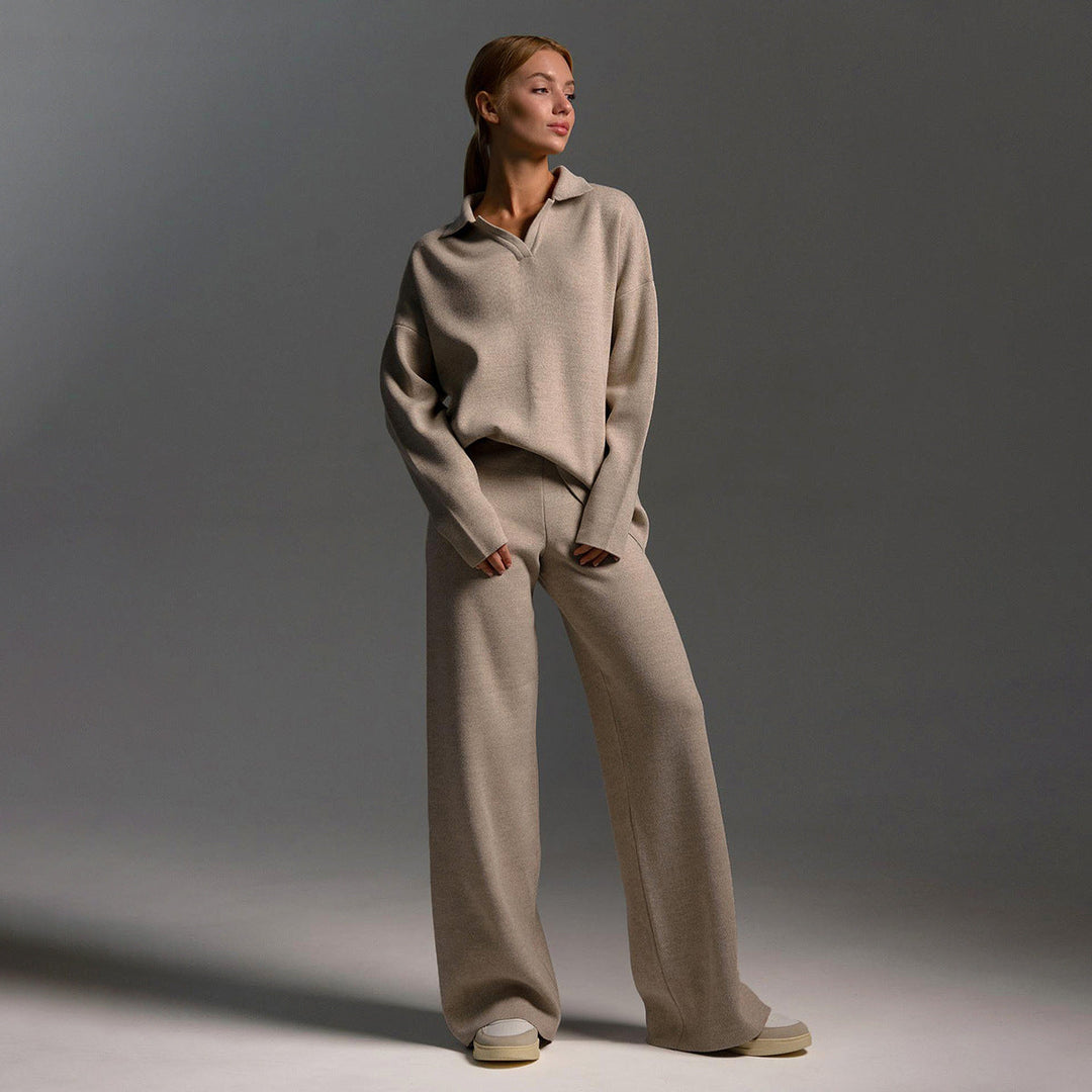 Lounge set voor dames met oversized polosweater en brede broek, zachte ademende stof, ideaal voor stijlvol comfort thuis.