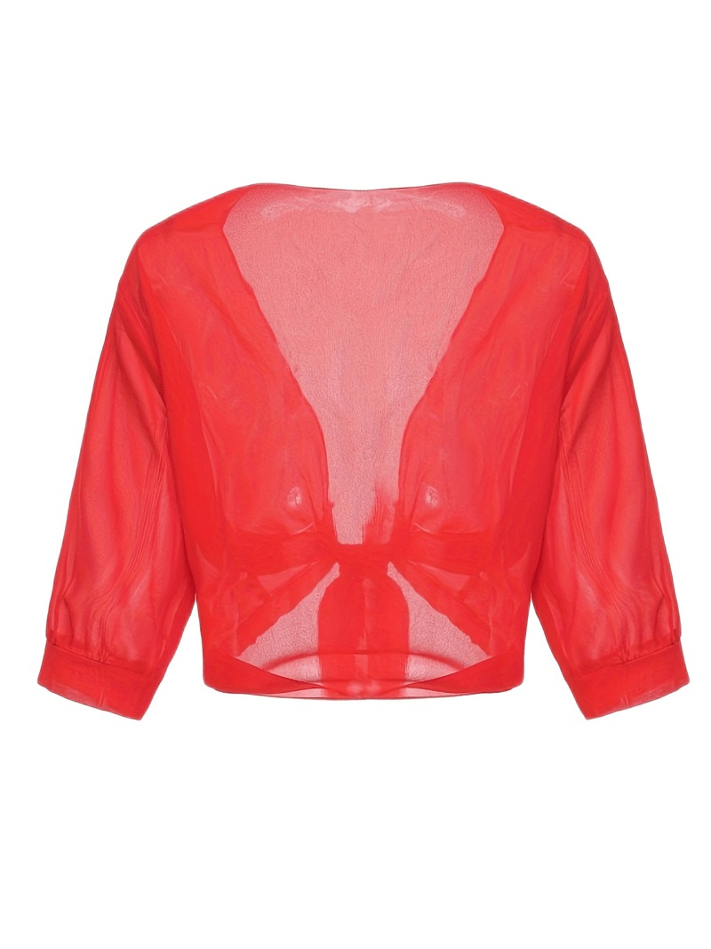 "Luchtige chiffon bolero met striksluiting en korte mouwen, elegant over zomeroutfits. Ideaal voor warme dagen en koele avond