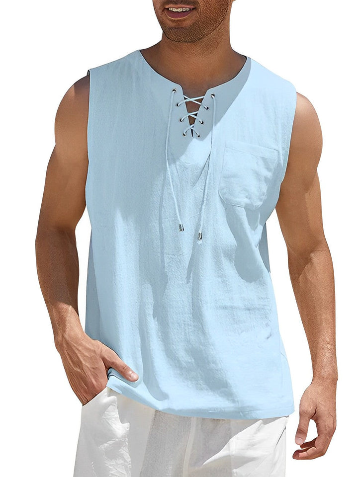 Casual zwarte heren tanktop met V-hals, mouwloos design en losse pasvorm voor ultiem zomers comfort.