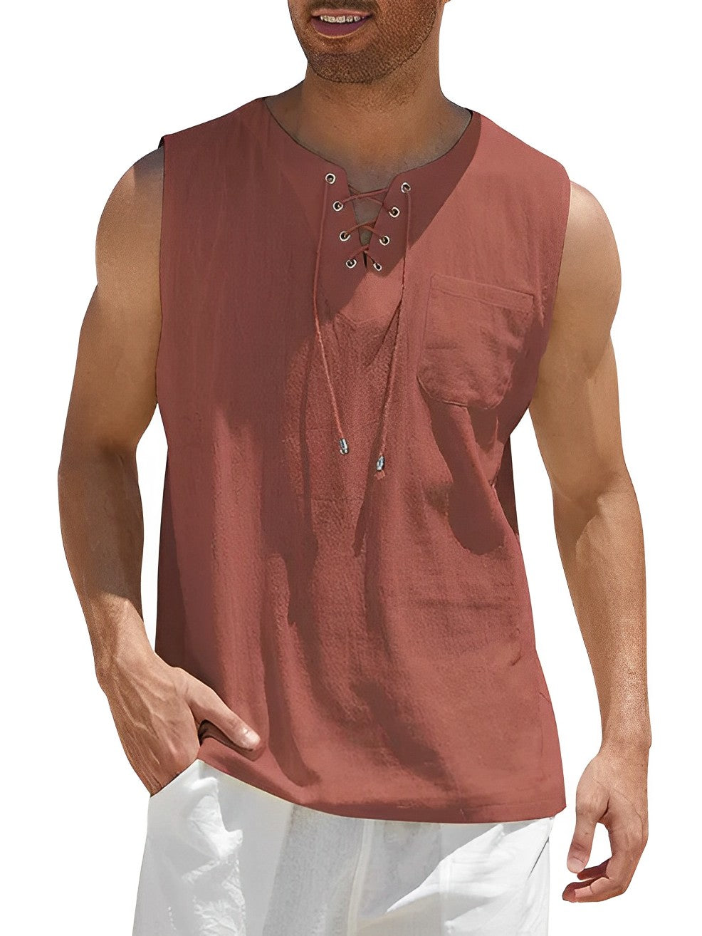 Comfortabele en ademende heren tanktop, losvallend en mouwloos, perfect voor zomerse ontspanning.