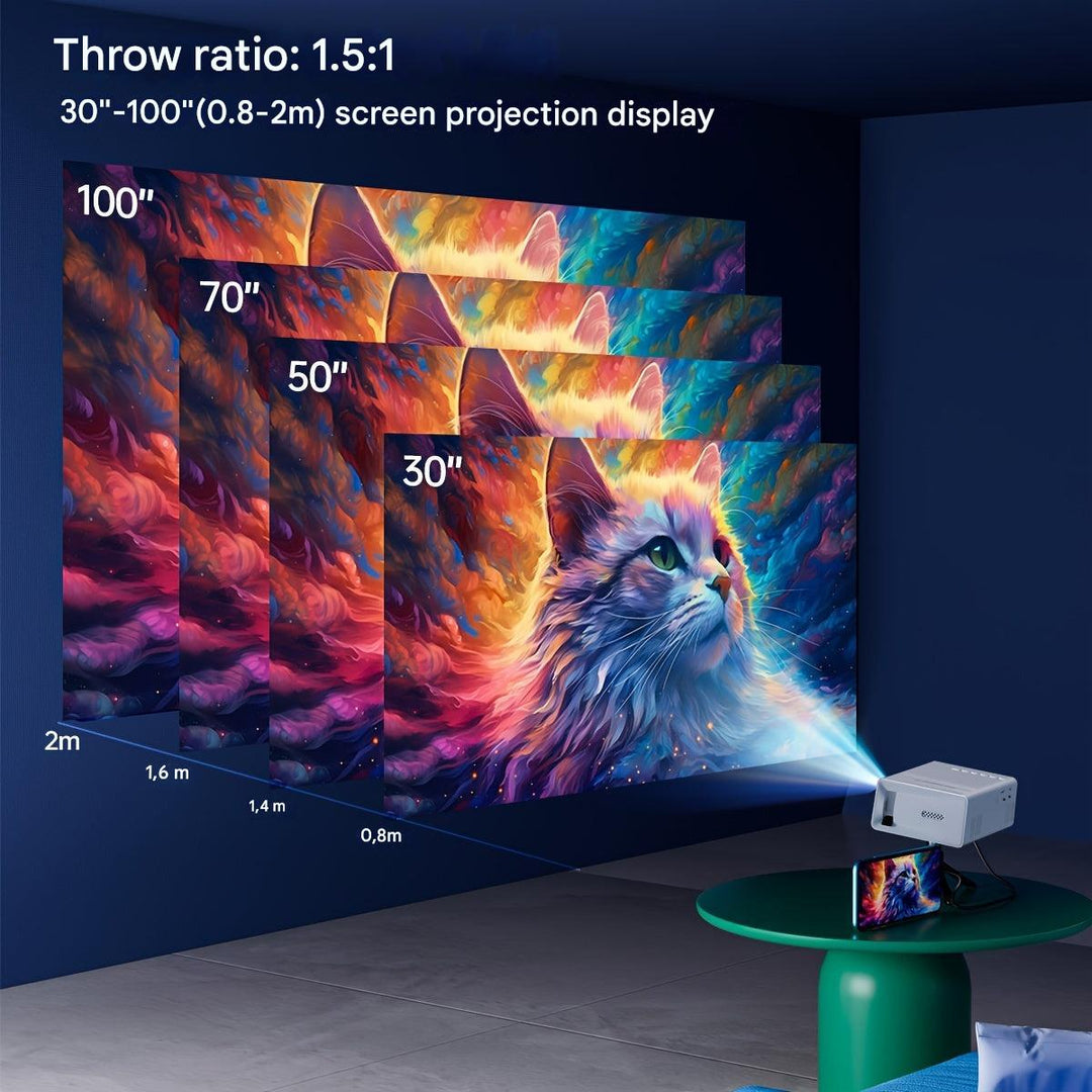LumoBeam compacte projector met HDMI en USB-ingangen. Geschikt voor diverse apparaten en films kijken.