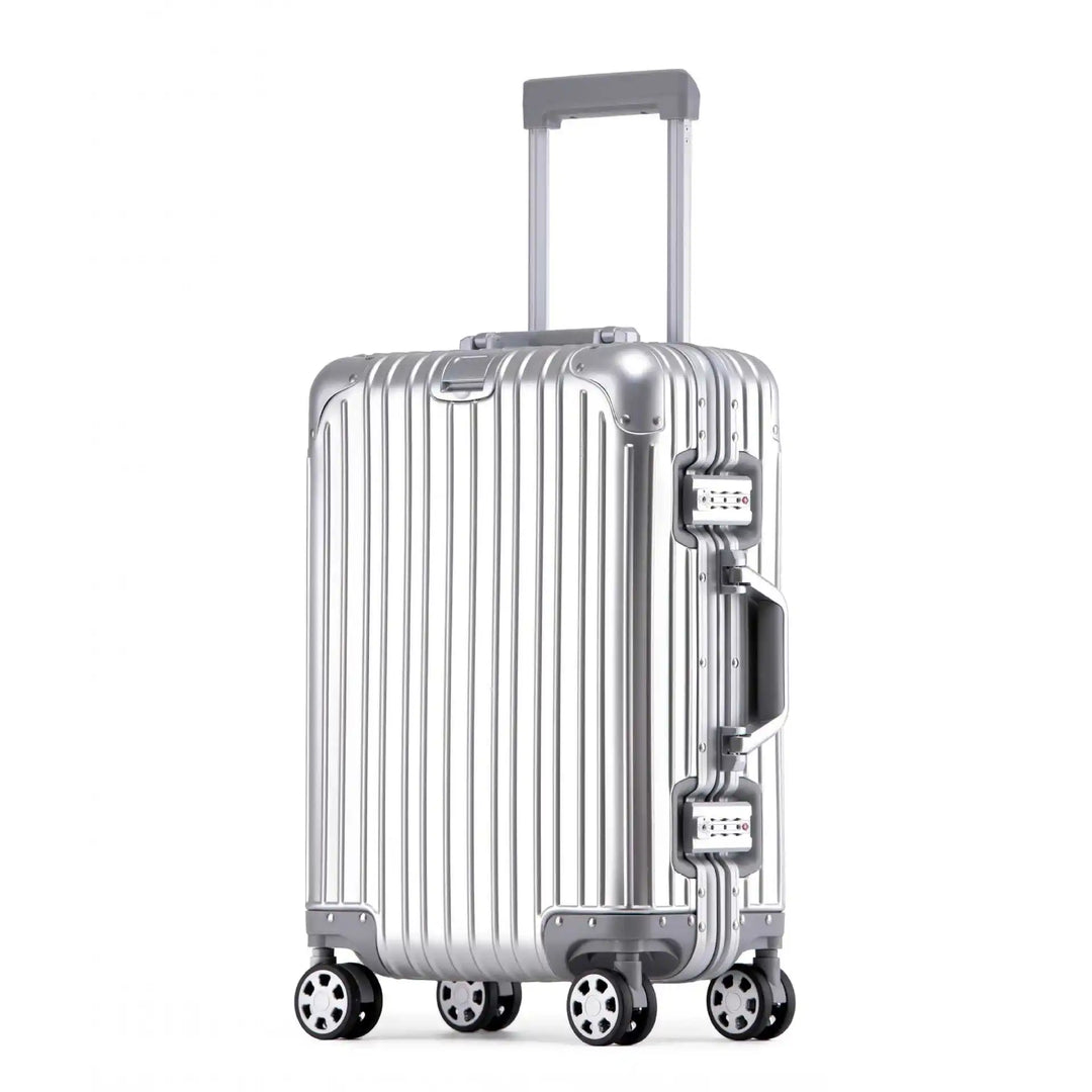 Duurzame aluminium-magnesium hardshell reiskoffer met TSA slot en spinnerwielen voor luxe reizen.