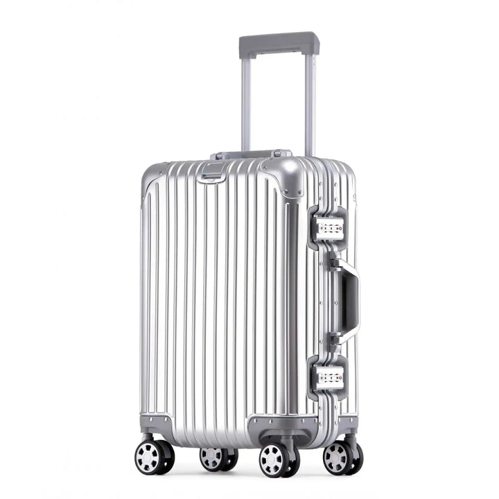 Duurzame aluminium-magnesium hardshell reiskoffer met TSA slot en spinnerwielen voor luxe reizen.