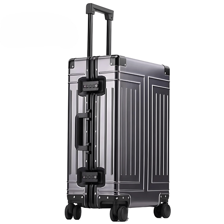 Stijlvolle grijs-zilveren aluminium reiskoffer, een onverwoestbare hardcase voor al je bagage.