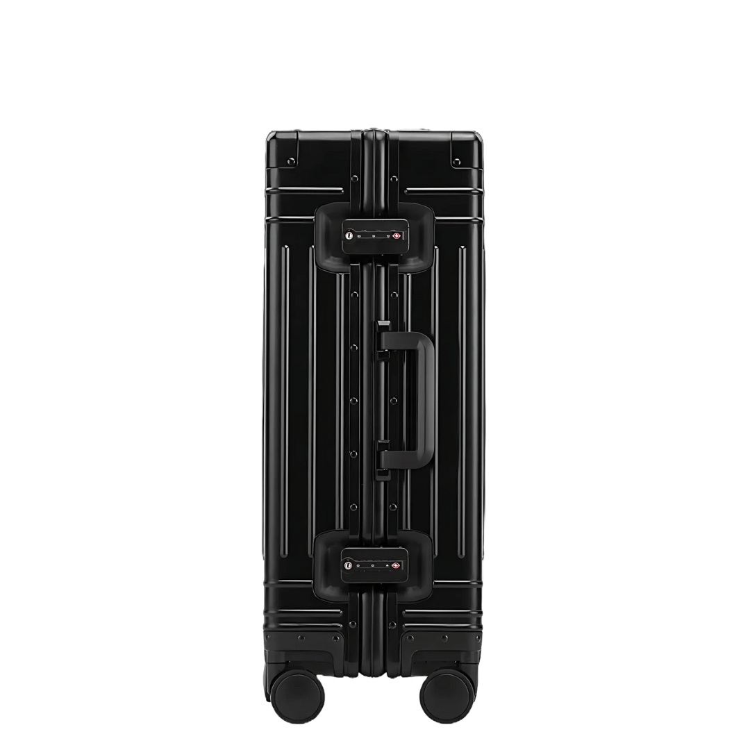 Zilveren hardcase aluminium koffer met TSA slot, stille wielen voor luxe en veilige ruimbagage.