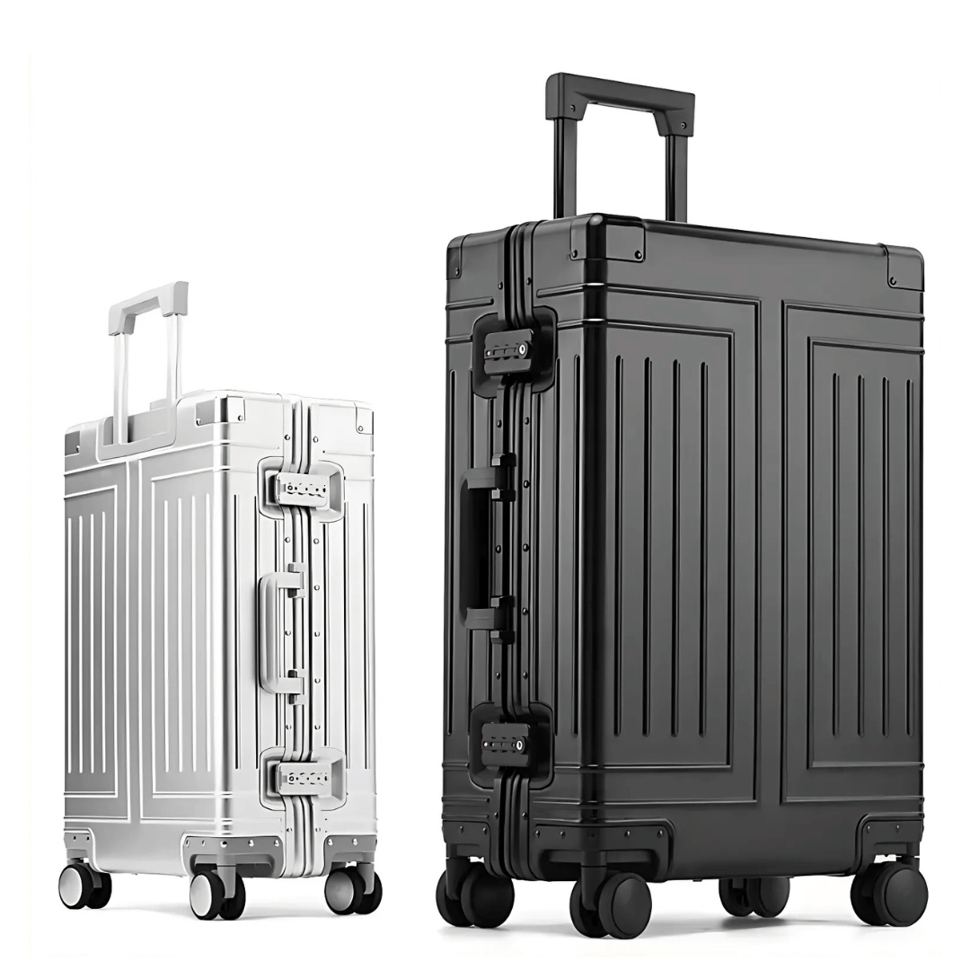 Veilige aluminium hardcase reiskoffer met dubbel TSA slot, perfect voor waardevolle bagage.