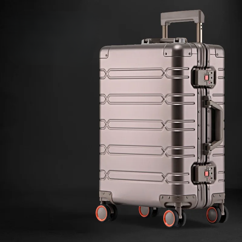 Luxe aluminium reiskoffer met TSA-slot en stille 360° spinnerwielen, perfect voor zakelijk reizen of vakantie.