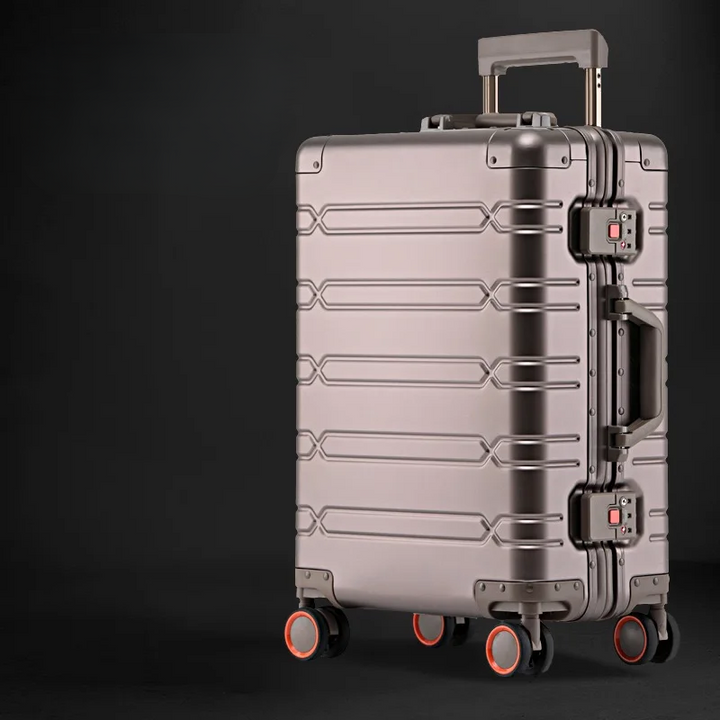 Luxe aluminium reiskoffer met TSA-slot en stille 360° spinnerwielen, perfect voor zakelijk reizen of vakantie.