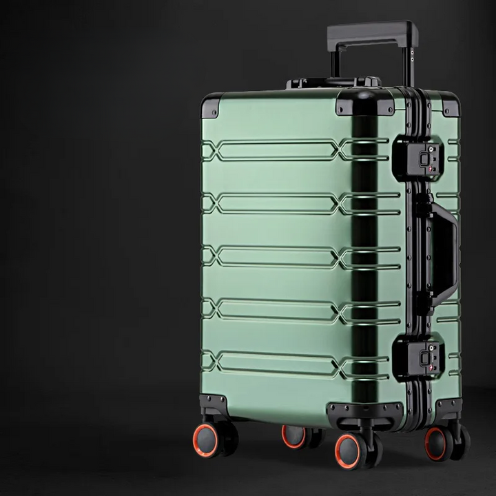 Stille, slijtvaste 360° spinnerwielen van een premium aluminium reiskoffer, voor moeiteloos reizen.