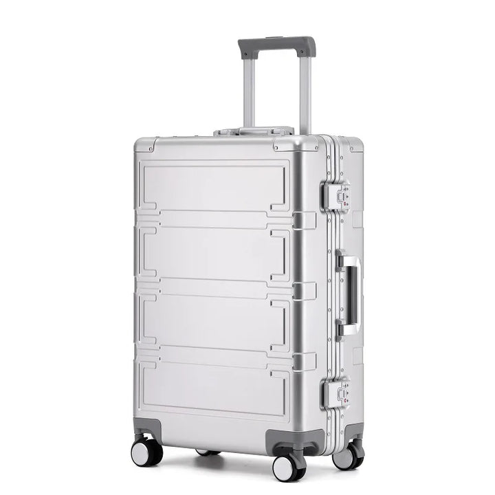 Detail van het TSA slot op de luxe aluminium reiskoffer Pristina. Veilige en duurzame bagage.