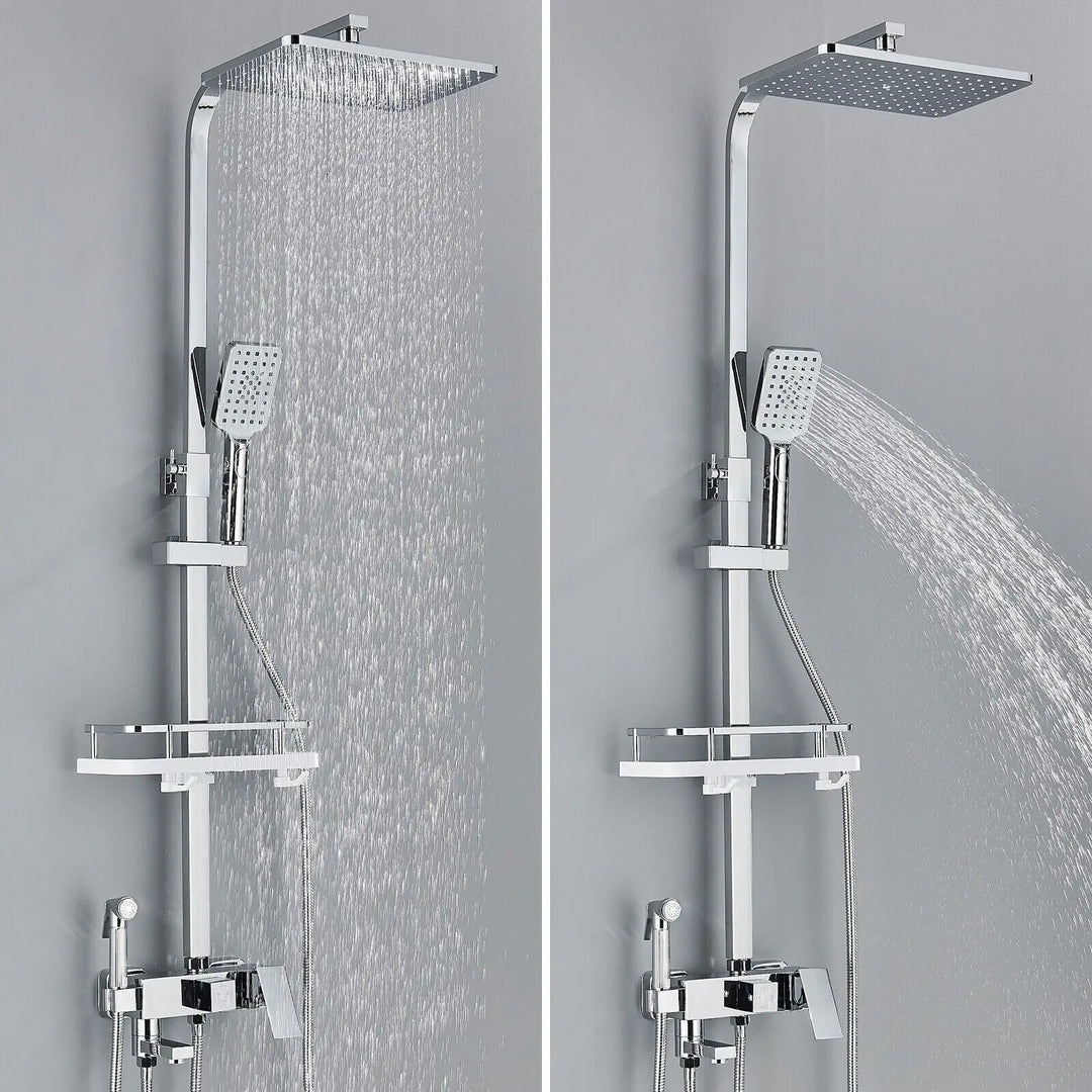 "Luxe AquaFlow doucheset met messing mengkraan en regen douchekop, glimmende chroomafwerking, elegant ontwerp."