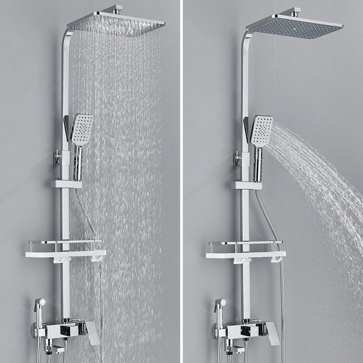 "Luxe AquaFlow doucheset met messing mengkraan en regen douchekop, glimmende chroomafwerking, elegant ontwerp."