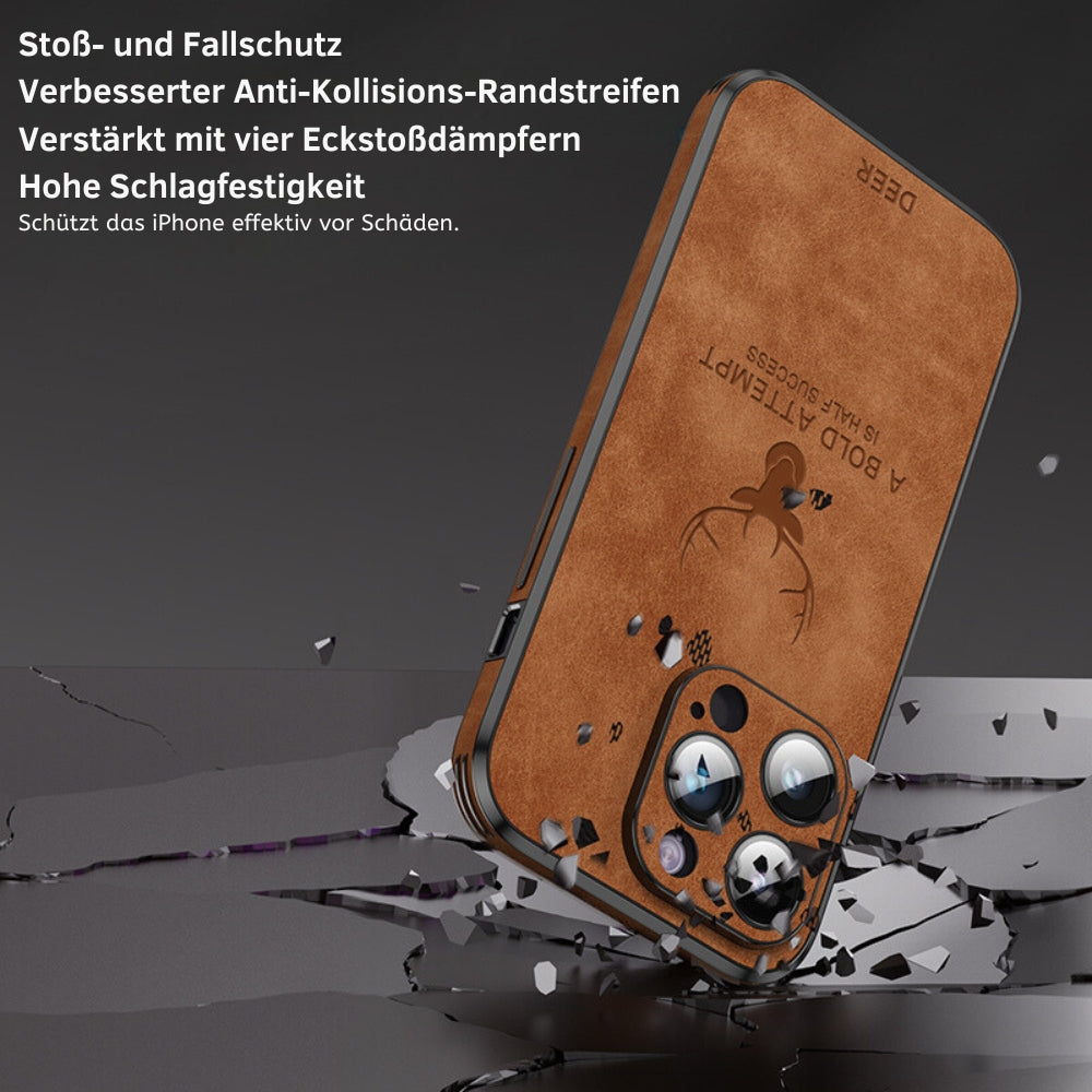 Stijlvol blauw leren iPhone cover, biedt volledige schokbescherming.