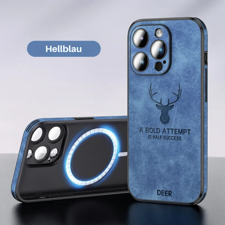 Luxe bruin leren iPhone hoesje, elegant en bestand tegen vallen.