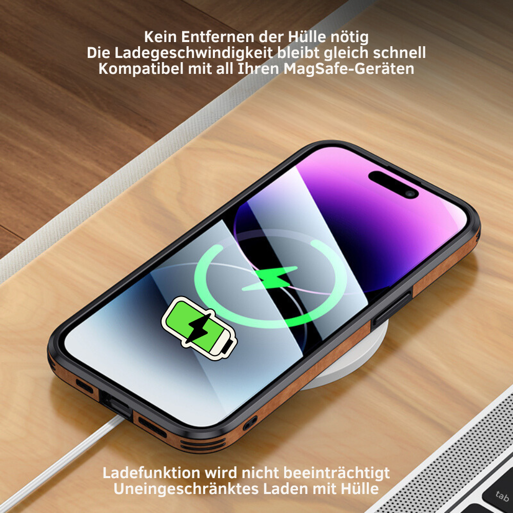 Zwart leren iPhone hoesje, luxe en schokbestendig voor dagelijks gebruik.