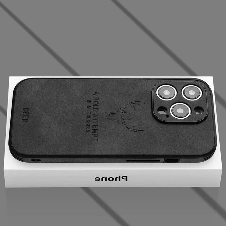 Bruin leren iPhone hoesje, handgemaakt uiterlijk, met sterke schokbestendige eigenschappen.