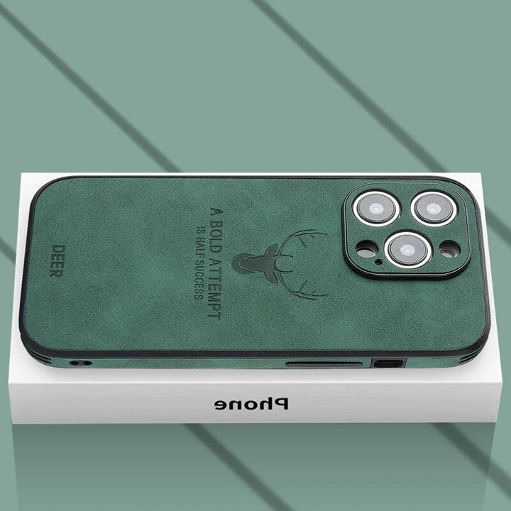 Zwart leren telefoonhoesje voor iPhone, met een tijdloze uitstraling en schokabsorptie.