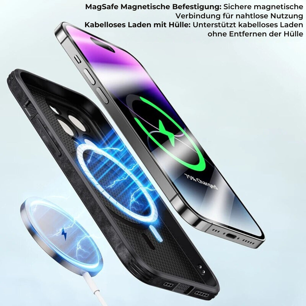 Groen leren hoesje voor iPhone, ontworpen voor duurzaamheid en schokweerstand.
