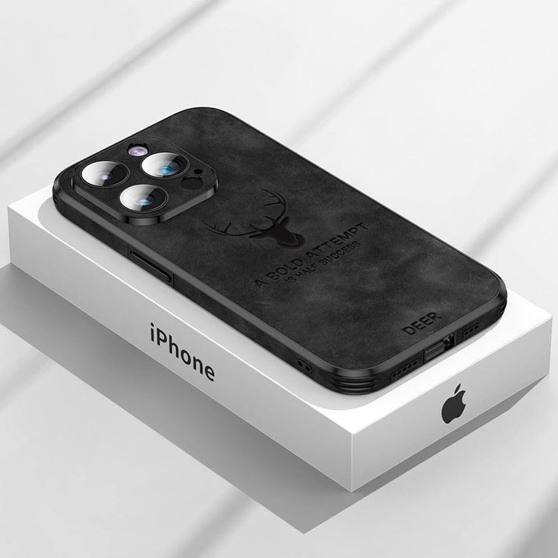 Bruin leren hoesje voor iPhone, met geavanceerde schokbescherming en duurzaamheid.