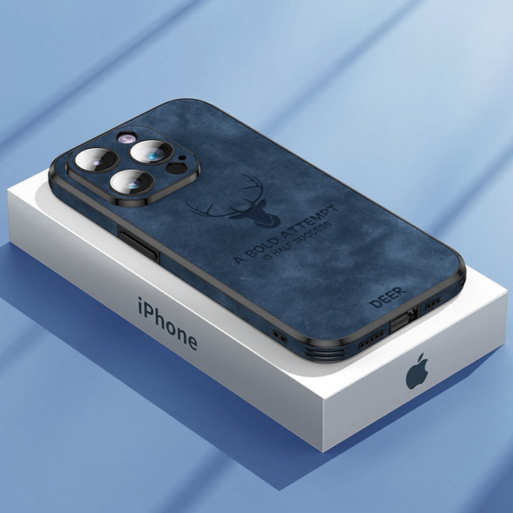 Blauw leren iPhone hoesje, een luxe en schokbestendige bescherming voor uw telefoon.