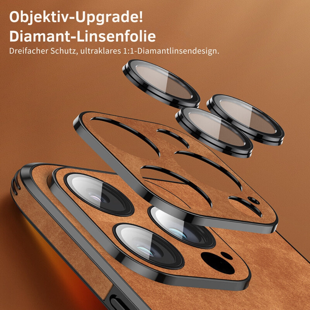 Luxe bruin leren iPhone case, schokabsorberend en krasbestendig.
