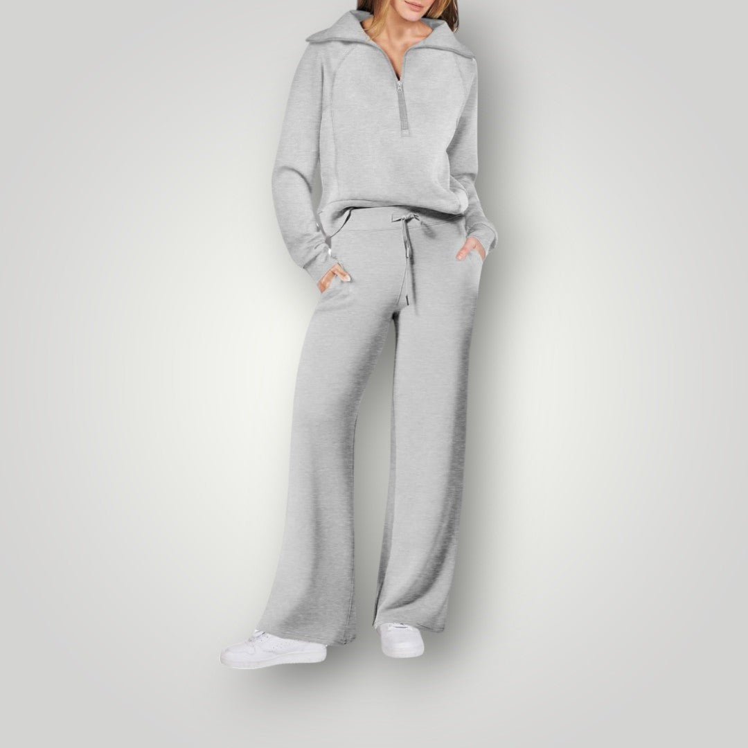 Dames set met comfortabele trui en broek. Elegante loungewear voor ontspanning, met een focus op comfort.