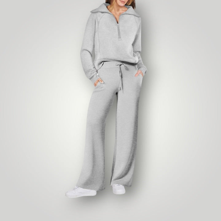 Dames set met comfortabele trui en broek. Elegante loungewear voor ontspanning, met een focus op comfort.