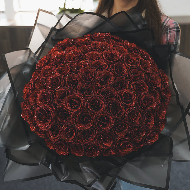 "Luxe glitter rozen boeket, eeuwige charme in rood, blauw, roze; tijdloze schoonheid zonder onderhoud. Perfect cadeau."