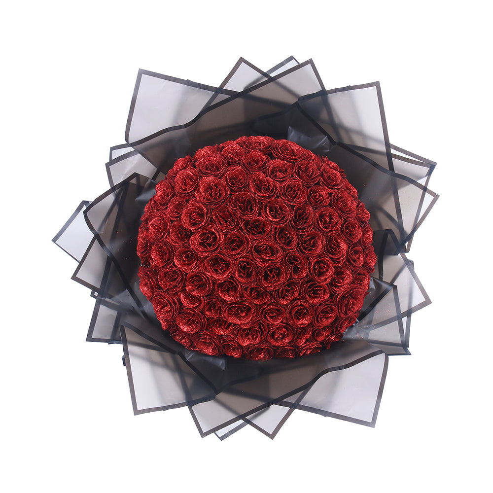"Luxe glitter rozen boeket, eeuwige charme in rood, blauw, roze; tijdloze schoonheid zonder onderhoud. Perfect cadeau."