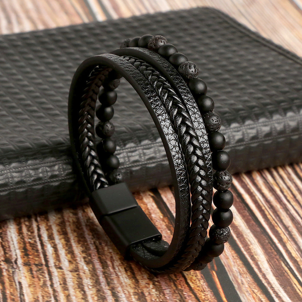 Heren Grandiose Glamour armbandenset met bruine en zwarte gevlochten armbanden, perfect als cadeau voor mannen.