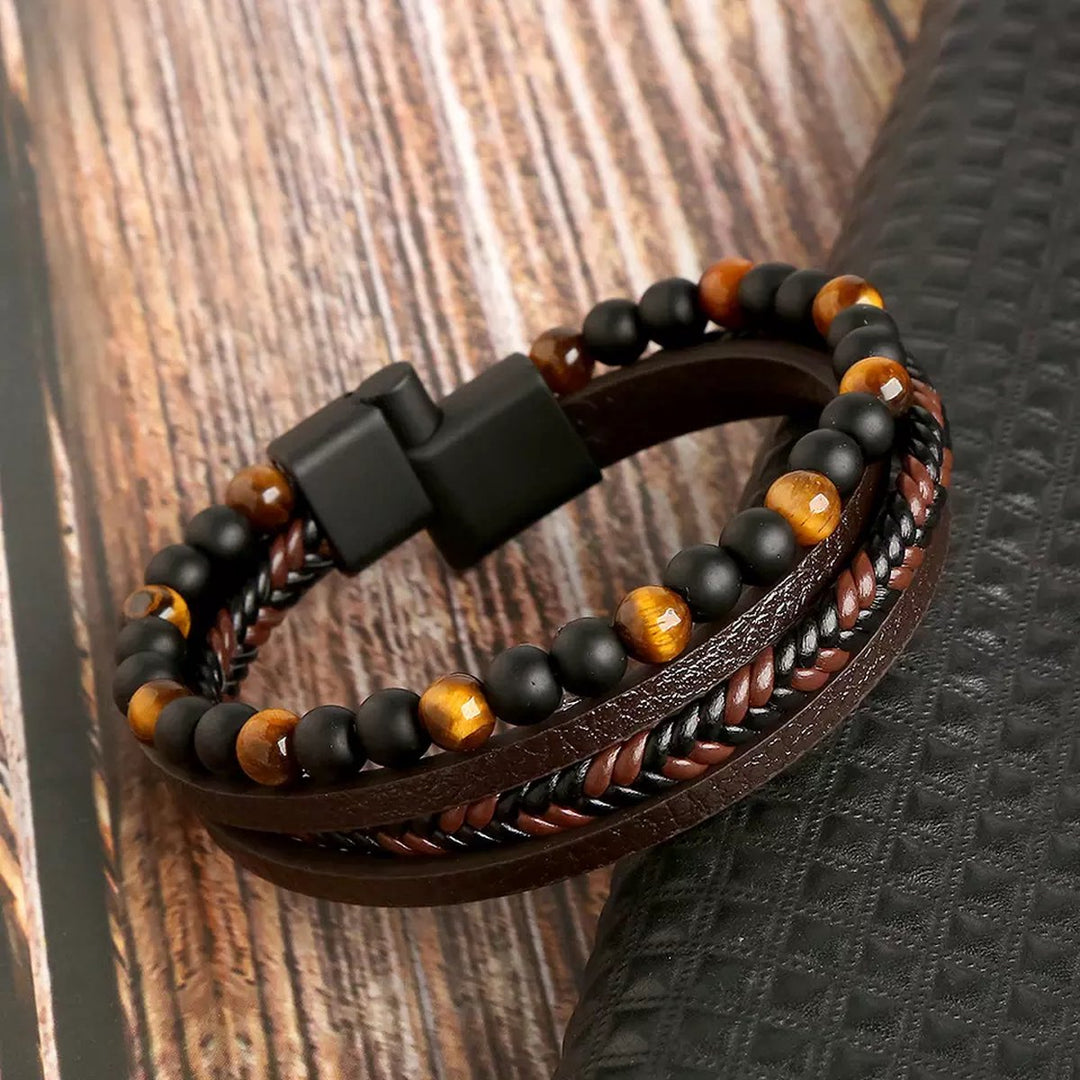 Stijlvolle heren armbandenset, gevlochten design, bruin en zwart, een trendy heren accessoire voor elke gelegenheid.